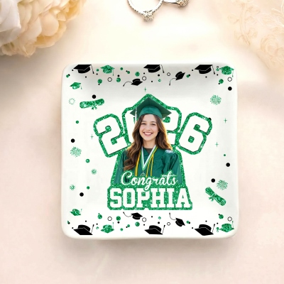 Personalized Photo & Name Glitter Graduation Jewelry Dish with Year, Class of 2026 Ceramic Trinket Tray, Graduation Souvenir, Gift for Graduates
