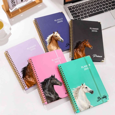 Personalized Name Horse Portrait Planner 2026, A5 Spiral Notebook with Elastic Band & Weekly Planner Pages, Birthday/Anniversary Gift for Horse Lovers