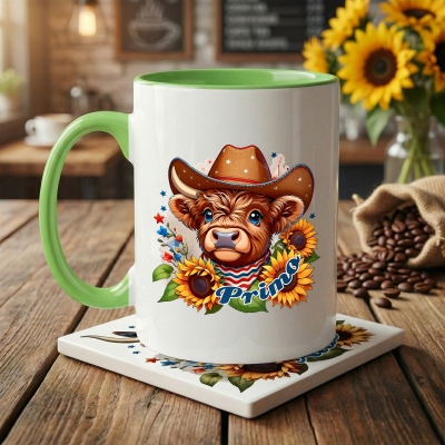 Personalized Name Sunflower Western Highland Cow Mug, 11oz/15oz Two Tone Ceramic Mug with Coaster, American Independence Day Gift for Americans