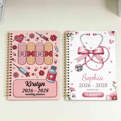 Personalized Name Cartoon Medical Device Planner 2026-2028, A5 Spiral Notebook with Weekly & Monthly Planning Pages, Birthday Gift for Nurses/Doctors