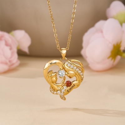 Personalized Names Mom & Baby Heart Necklace with Birthstones, Dainty Mother’s Necklace, Family Birthstone Jewelry, Mother’s Day Gift for Wife/Mom