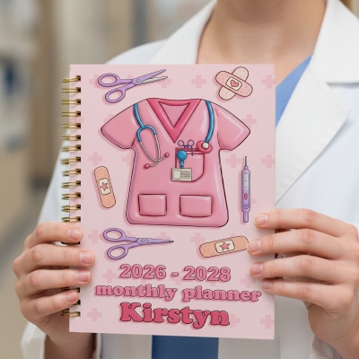 Custom Name Cartoon Nurse Uniform Planner 2026-2028, A5 Spiral Notebook with Weekly & Monthly Planning Pages, Birthday/Appreciation Gift for Nurses