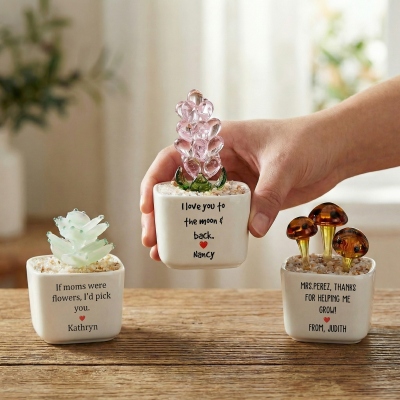 Personalized Name Glass Flower Succulent Potted Plant, Custom Message Ceramic Pot Decor, Birthday/Mother's Day/Thank You Gift for Her/Mom/Teachers