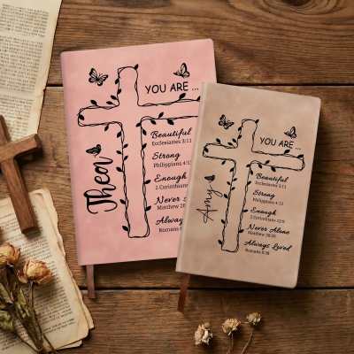 Personalized Name Leaves Butterflies Cross Bible Verses Leather Notebook, A5/A6 Prayer Journal, Birthday/Baptism Gift for Christian Family/Friends