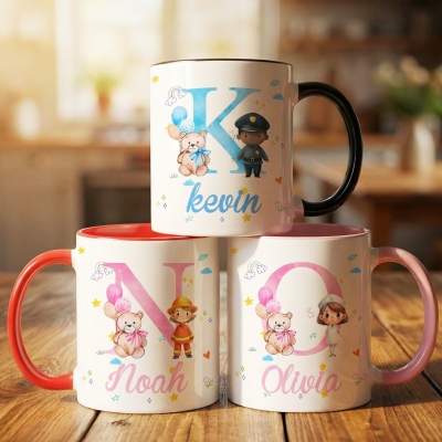 Personalized Name Watercolor Dreamy Career Character Alphabet Mug, 11oz/15oz Two Tone Ceramic Mug, Children's Day/Birthday Gift for Kids/Boys/Girls
