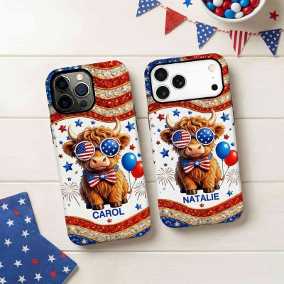 Personalized Patriotic Highland Cow Phone Case with Name, Double Layer TPU Phone Case for iPhone, American Independence Day Gift for Americans