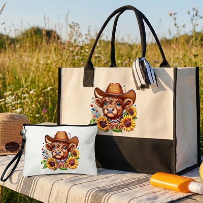Custom Name Sunflower Western Highland Cow Bag Set, Canvas Tote Bag & Linen Makeup Pouch with Wristlet, American Independence Day Gift for Americans