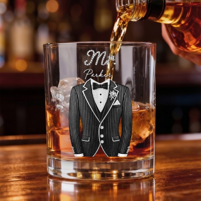 Personalized Name Mr. & Mrs. Sophisticated Tuxedo Dress Design Whiskey Glass, 10oz Old Fashioned Glass, Wedding Gift for Newlyweds/Groom/Bride