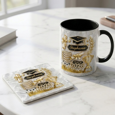 Personalized Glitter Gold Class of 2026 Graduation Cap Scroll Mug with Name, 11oz/15oz Two Tone Ceramic Mug with Coaster, Gift for Graduates