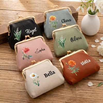 Personalized Name Birth Flower Kiss Lock Leather Coin Purse, Women's Travel Clasp Wallet, Birthday/Wedding Gift for Her/Mom/Friends/Bridesmaids