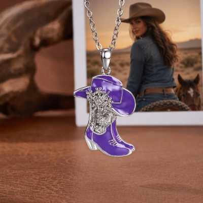 Personalized Enamel Cowgirl Hat Boot Necklace with Birthstone, Sterling Silver 925 Dainty Jewelry, Birthday/Anniversary Gift for Women/Family/Friends