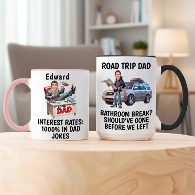 Personalized Funny Cartoon Dad Photo Mug with Name, 11oz/15oz Ceramic Two Tone Coffee Tea Mug, Birthday/Father's Day Gift for Husband/Dad/Grandpa