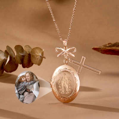 Personalized Bow Cross Virgin Mary Photo Locket Necklace, Dainty Christian Jewelry, Birthday/Baptism/Christmas Gift for Her/Mom/Family/Friends