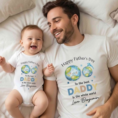 Personalized Happy Father's Day to the Best Daddy Parent-Child Matching Shirts with Text, Baby Onesie & Dad T-Shirt Set, Gift for Newborns/New Dad