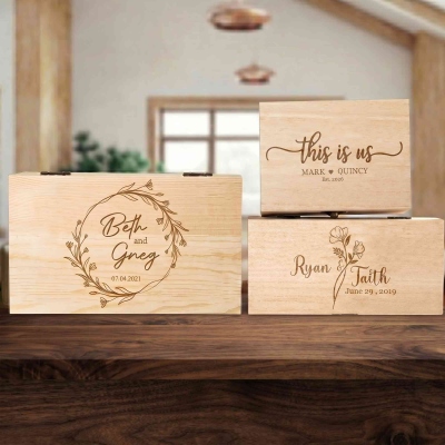 Custom Engraved Love Theme Memory Box with Names & Date, Wooden Keepsake Storage Box, Valentine's Day/Anniversary/Wedding Gift for Couple/Newlyweds