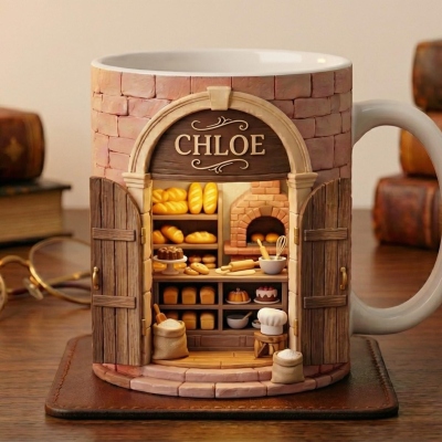 Gepersonaliseerde mini-bakkerijmok met naam, schattige mok met bakkerij-illustratie, tweekleurige keramische koffiemok van 325 ml/440 ml, verjaardagscadeau voor een bakliefhebber.