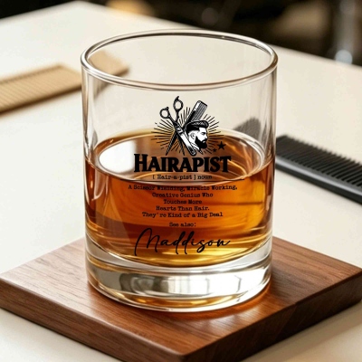 Personalized Name Funny Hairapist Definition Whiskey Glass, 10oz Bourbon Old Fashioned Glass, Birthday/Anniversary Gift for Hairstylists/Hairdressers