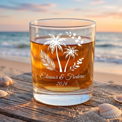 Personalized Palm Trees Wedding Party Whiskey Glass with Names & Year, 10oz Bourbon Old Fashioned Glass, Engagement/Wedding Gift for Couple/Newlyweds