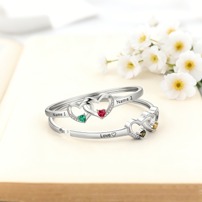 Personalized Engraved Names Interlocking Double Heart Birthstones Bangle, Dainty Sterling Silver 925 Match Bracelet, Gift for Boyfriend/Bestie/Couple