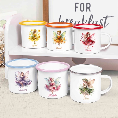 Personalisierte Emaille-Tasse mit Geburtsblumenfee-Motiv und Namen, 350 ml Becher mit Henkel, Campingbecher aus Zinn, Gastgeschenk für Frühlingspartys, Geburtstagsgeschenk für Mädchen/Kinder