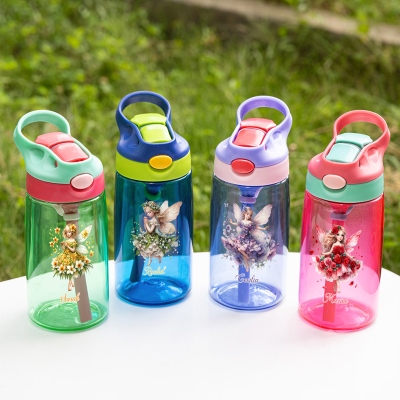 Personalisierte Wasserflasche mit Geburtsblumenfee-Motiv und Namen, 473 ml Kinderbecher mit Silikonstrohhalm und -griff, Geburtstags-/Schulanfangsgeschenk für Mädchen/Kinder