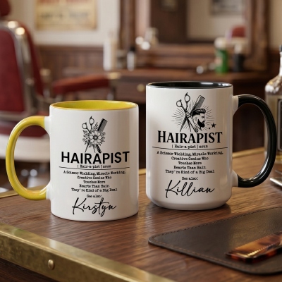 Personalized Name Funny Hairapist Definition Mug, 11oz/15oz Two Tone Ceramic Mug with Coaster, Birthday/Anniversary Gift for Hairstylists/Hairdressers