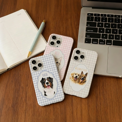 Custom Pet Portrait Gingham Phone Case with Name, MagSafe Compatible Slim Tough Phone Cover for iPhone/Samsung, Birthday Gift for Pet Owners/Lovers