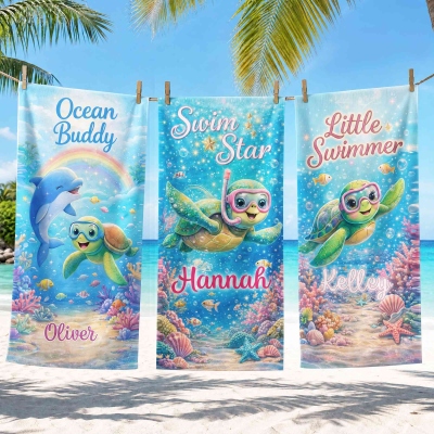Personalized Ocean & Turtle Beach Towel with Name, Colorful Quick Dry Pool Towel, Summer Vacation/Beach Party Favor, Gift for Kids/Boys/Girls
