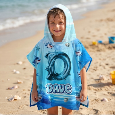 Personalized Underwater World Alphabet Hooded Beach Towel with Name, Quick Dry Pool Towel, Summer Vacation/Pool Party Favor, Gift for Kids/Boys/Girls