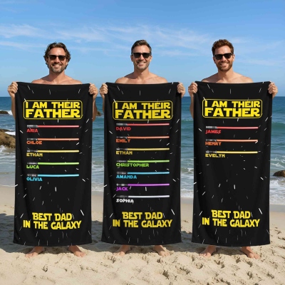 Personalized Best Dad in the Galaxy Beach Towel with Kids' Names, Quick Dry Pool Towel, Summer Vacation/Beach Party Favor, Father's Day Gift for Dad