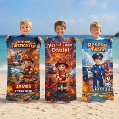 Personalized Name Cartoon Police/Fireman Beach Towel, Rescue Team Boy Design Quick Dry Pool Towel, Summer Vacation/Beach Party Favor, Gift for Kids
