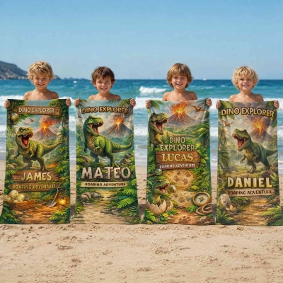 Personalized Jungle Dinosaur Beach Towel with Name, Dino Explorer Design Quick Dry Towel, Summer Vacation/Beach Party Favor, Gift for Kids/Boys