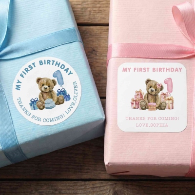 Personalized Cute Teddy Bear My First Birthday Stickers with Name, Waterproof Self-Adhesive Gift Labels, Baby Shower/Birthday Gifts for Newborns