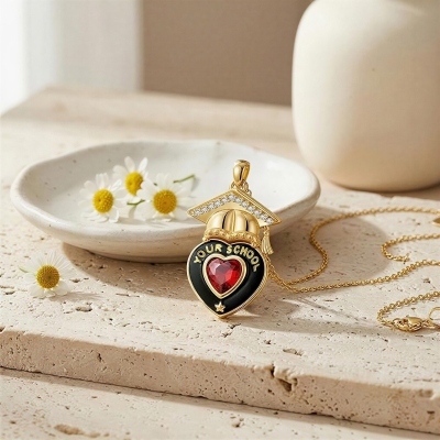 Custom Birthstone Grad Cap Zircon Heart Necklace with Name, Dainty Sterling Silver 925 High School/College Jewelry, Celebration Gift for Graduates