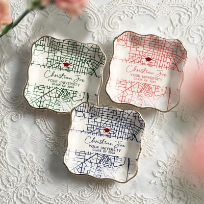Personalized Campus Map Graduation Jewelry Dish with Name, Ceramic University Blueprint Memory Tray, Graduation Keepsake, Gift for Graduates/Her
