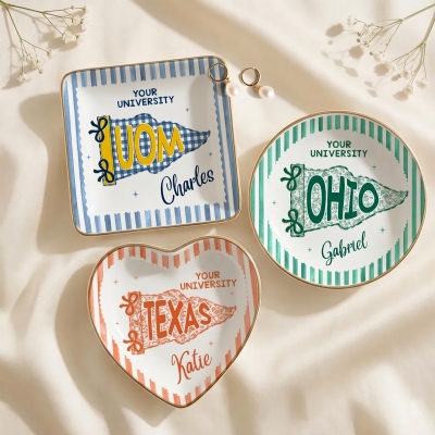 Personalized Graduation Striped School Pennant Flag Jewelry Dish with Name, Ceramic University Ring Tray, Graduation Keepsake, Gift for Graduates/Her