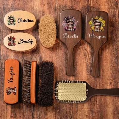 Custom Name Birth Flower Cartoon Cowgirl Horse Design Horsehair Brush/Comb, Wooden Horse Grooming Kit, Birthday/Anniversary Gift for Horse Owners