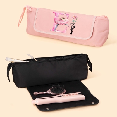 Custom Name Birth Flower Ballerina Alphabet Hair Tools Storage Bag, Straightener Curling Iron Bag with Heat Resistant Pad, Gift for Dancers/Women