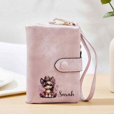 Custom Name Birth Flower Cartoon Cowgirl Horse Tri-Fold Wallet, PU Leather Card Holder with Wrist Strap, Birthday/Anniversary Gift for Horse Lovers