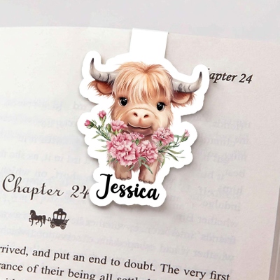 Custom Name Birth Flower Highland Cow Bookmark, Magnetic Bookmark Clip, Reading Accessory, Birthday/Christmas Gift for Bookworms/Highland Cow Lovers