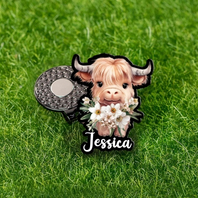 Personalized Name Birth Flower Highland Cow Design Golf Ball Marker, Magnetic Hat Clip, Golf Accessories, Gift for Golfers/Highland Cow Lovers