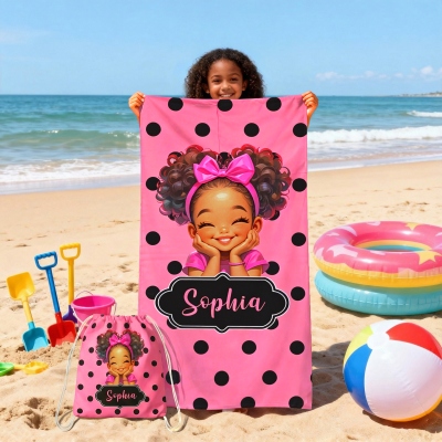 Custom Name Cartoon Black Girl Polka Dots Beach Towel with Rope, Quick Dry 2-in-1 Foldable Bath Towel Bag, Gift for African American Little Girls