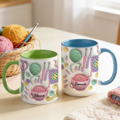 Personalized Name 3D Crochet & Yarn Mug, 11oz/15oz Two Tone Ceramic Coffee Mug with Coaster, Birthday/Mother's Day Gift for Crochet Lovers/Mom/Grandma
