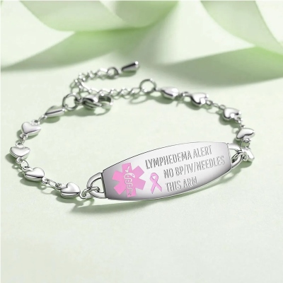 Personalized Engraved Lymphedema Alert Bracelet with Medical Info, Emergency Medical Contact Bracelet, Survivor Awareness Jewelry, Gift for Her/Family