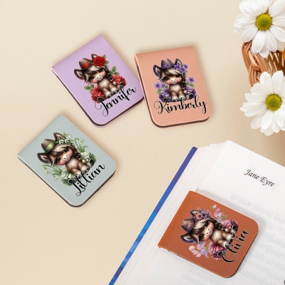 Personalized Birth Flower Cartoon Cowgirl Horse Bookmark with Name, Leather Magnetic Bookmark Clip, Reading Accessory, Gift for Horse Lovers/Readers