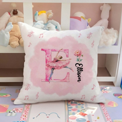 Personalized Name Birth Flower Ballerina Alphabet Throw Pillow Cover, Pillowcase with Optional Insert, Birthday Gift for Dancers/Ballet Lovers/Girls
