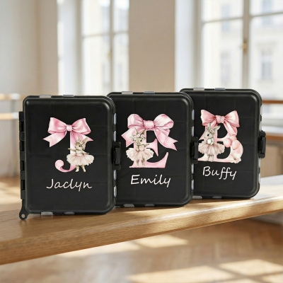 Custom Name Ballet Bunny Girl Bow Alphabet Hair Clip Storage Box, Hair Accessories Case, Dance Recital/Birthday/Anniversary Gift for Ballet Dancers