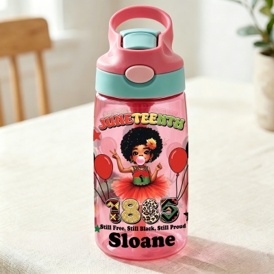 Custom Name Juneteenth Black Boy/Girl Character Water Bottle, 16oz Children's Cup with Silicone Straw & Handle, Black Independence Day Gift for Kids