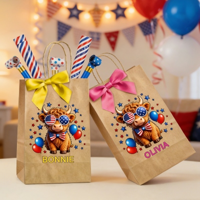 Personalized Name Patriotic Highland Cow Kraft Paper Bags with Ribbon Bows (Set of 3), Fourth of July Gift Bags, Independence Day Gifts for Americans