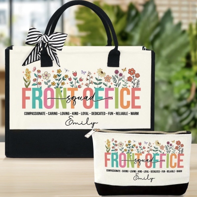 Personalized Floral Front Office Bag Set with Name, Canvas Tote Bag & Linen Makeup Pouch with Wristlet, Gift for Coworker/Secretary/Office Staff